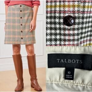 Talbots Button Front Wool Blend Houndstooth Plaid Above the Knee Size 10